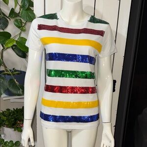 Hudson’s bay Sequin Stripe Tee in traditional Primary Colors “stripes” Sm NWOT